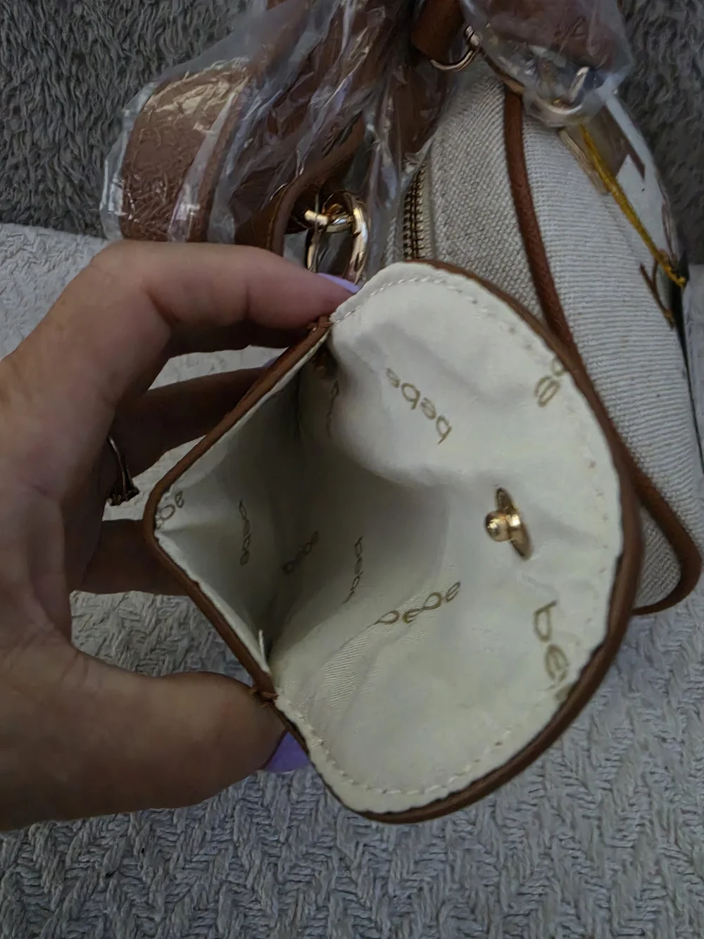 bebe Caramel Paisley Small Canvas Bowler Satchel Bag.
